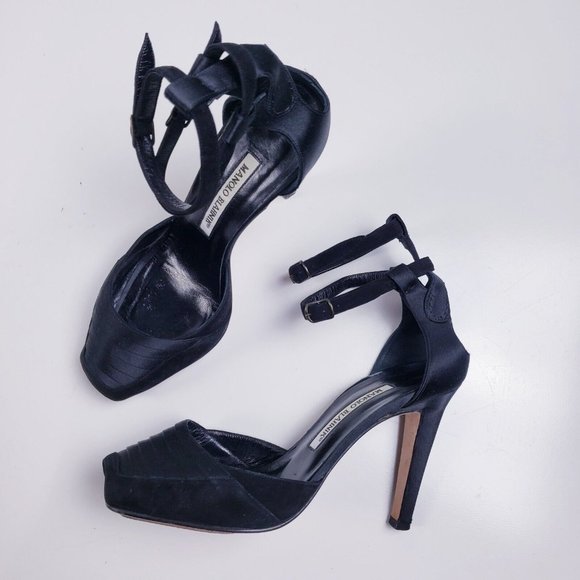 Manolo Blahnik Shoes - Manolo Blahnik Women's Black Satin Double Ankle Strap Peep Toe Heel Size 38.5